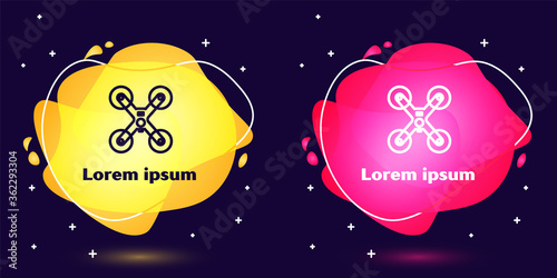 Set line Drone flying icon isolated on blue background. Quadrocopter with video and photo camera symbol. Abstract banner with liquid shapes. Vector Illustration