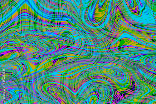 Colourful psychedelic background made of interweaving curved shapes. liquid splash as Illustration. 