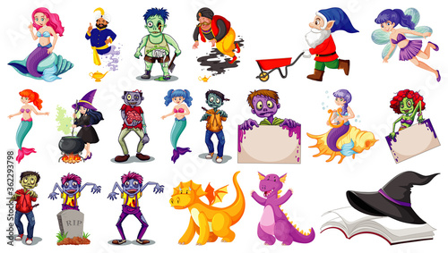 Set of fantasy cartoon characters and fantasy theme isolated on white background