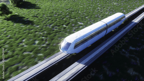 futuristic sci fi monorail train. Concept of future. Futuristic city background. Grass field. 3d rendering. photo