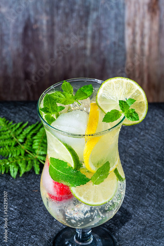 Lemonade with fruity ice cubes and mint