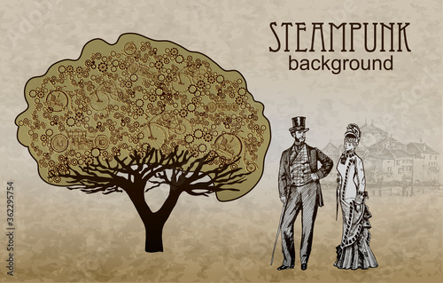 Template steampunk background. Man and woman in historical costumes. Vector