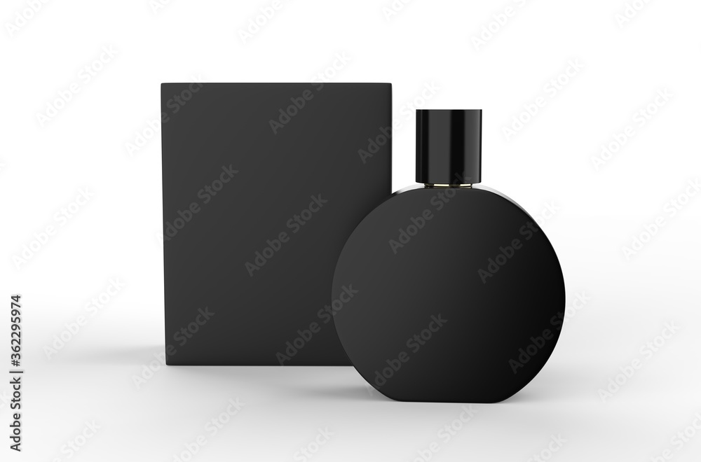 Blank round perfume bottle and box for branding. 3d render illustration Blank round perfume bottle and box for branding. 3d render illustration