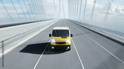 3d model of delivery car on the bridge. Very fast driving. 3d rendering.