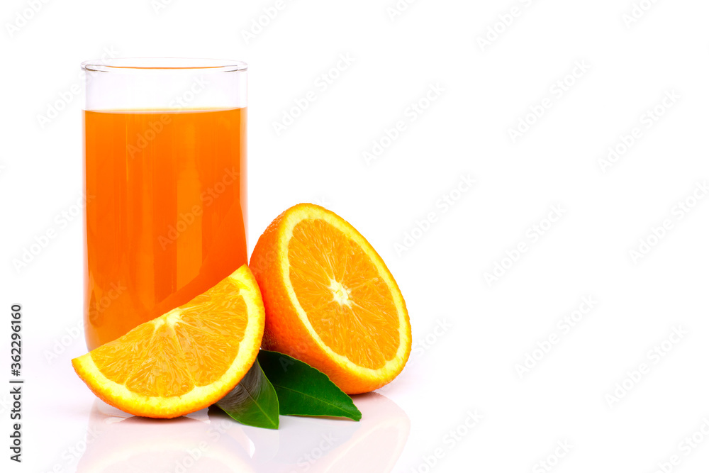 Closeup glass of fresh orange juice with slice of tangerine or mandarin orange fruit and green leaf isolated on white background. Closeup glass of fresh orange juice with slice of tangerine or mandarin orange fruit and green leaf isolated on white background.
