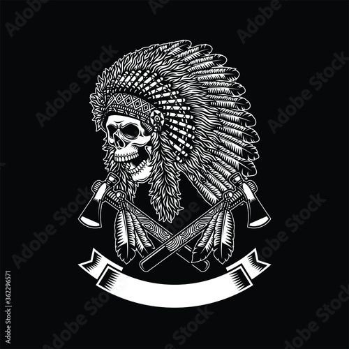 American Indian Chief Skull With Tomahawks On Black