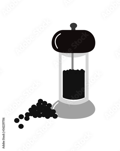 Pepper mill or pepper grinder and black peppercorns isolated on white. Icon vector illustration.