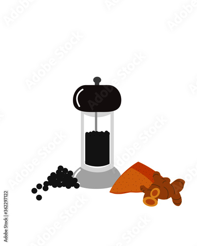 Black peppercorn and tumeric powder with tumeric root isolated on white background. Icon vector illustration. photo