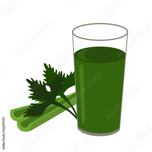 Glass of fresh green celery smoothie juice isolated on white. Vector illustration.