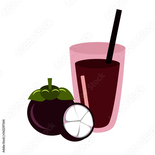 Glassof mangosteen juice isolated on white. icon vector illustration. Tropical summer soft drink concept.