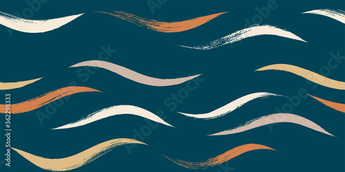 Seamless Wave Pattern, Hand drawn water sea modern vector background. Wavy beach brush stroke, curly grunge paint lines, watercolor illustration