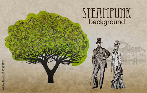Template steampunk design for card. Frame steampunk background. The stylized tree. Man and woman in historical costumes. Steampunk style. Vector