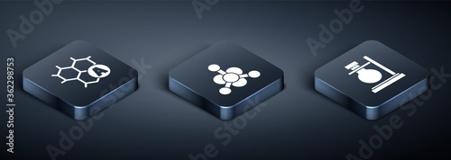 Set Isometric Chemical formula, Test tube flask on stand and Bacteria icon. Vector
