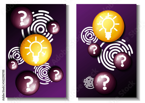 Purple and yellow 3D balloons on a dark background. Vector with large, three-dimensional
bubbles with question marks and a light bulb. Illustration with the concept of the idea.
