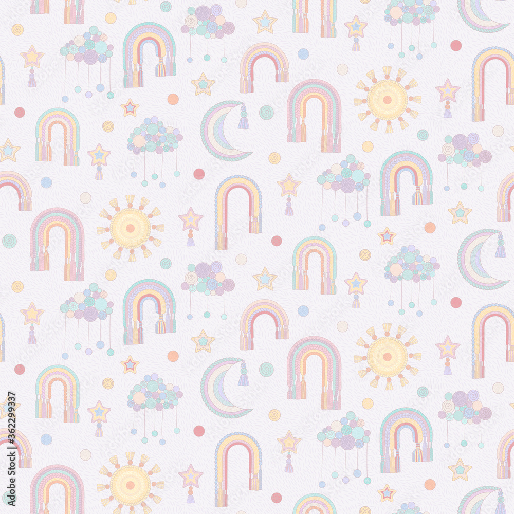 Cute, seamless pattern with a rainbow, stars, sun and moon in pastel color. Illustration for children design, Wallpaper, textiles, fabric, packaging paper. Vector Cute, seamless pattern with a rainbow, stars, sun and moon in pastel color. Illustration for children design, Wallpaper, textiles, fabric, packaging paper. Vector