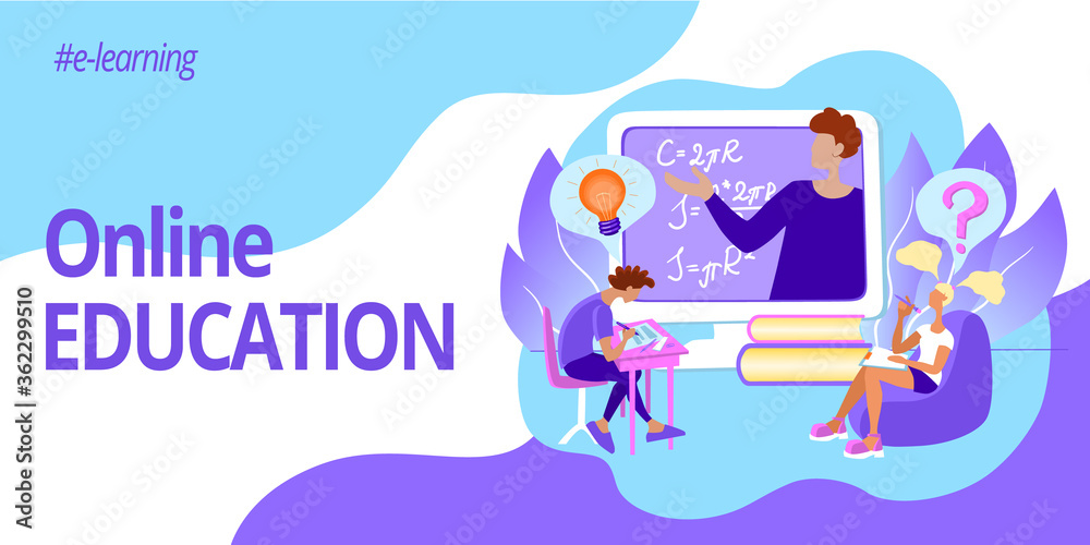 Banner for web page template. Gorizontal header for website. Online education and e-learning. Teacher on a computer screen and students at an online lecture. Stock vector flat illustration.