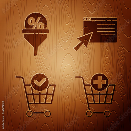 Set Add to Shopping cart, Lead management, Shopping cart with check mark and Online shopping on screen on wooden background. Vector