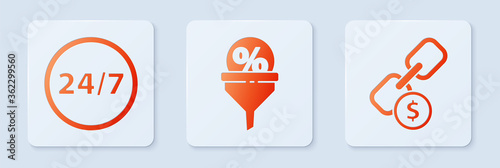 Set Lead management, Clock 24 hours and Chain link and coin. White square button. Vector
