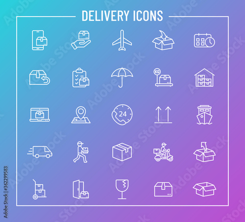 delivery outline vector icons on color gradient background. delivery and shipping icon set for web design and user interface design, mobile apps and print products