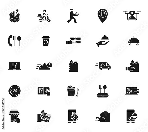 food delivery black vector icons isolated on white background. food delivery icon set for web and ui design, mobile apps and print products