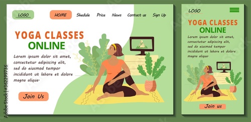Web page and app mobile design template for online yoga and meditation classes. Pretty girl in tracksuit is sitting on the floor doing asana. Stock flat illustration for landing page. © AinaLiora