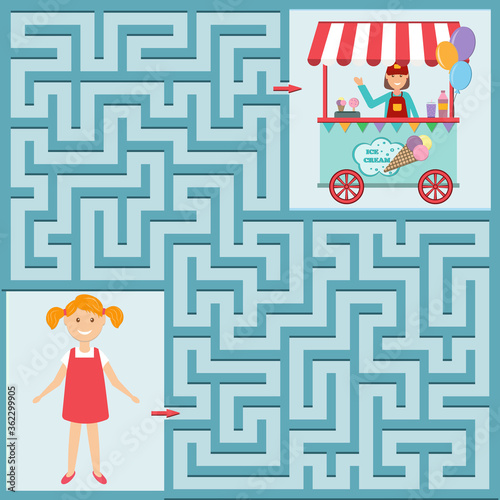 maze game for children, help the girl get to the store with ice cream, color vector illustration in the style of flat, design, design of children's books