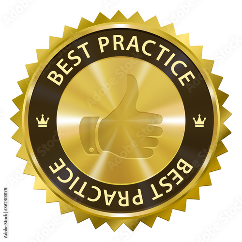 Best Practices gold label with thumb up symbol icon isolated on white background.