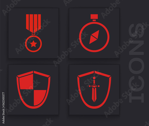 Set Medieval shield with sword, Military reward medal, Compass and Shield icon. Vector
