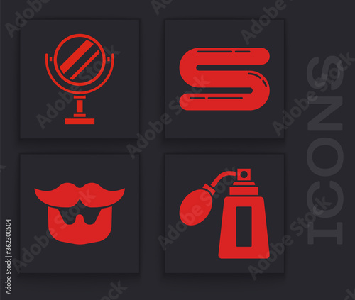 Set Aftershave bottle with atomizer, Round makeup mirror, Towel and Mustache and beard icon. Vector