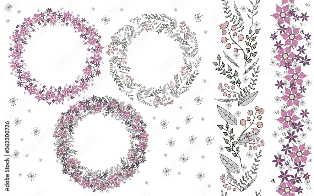 vector illustration, wreaths of wildflowers and their elements, seamless brush