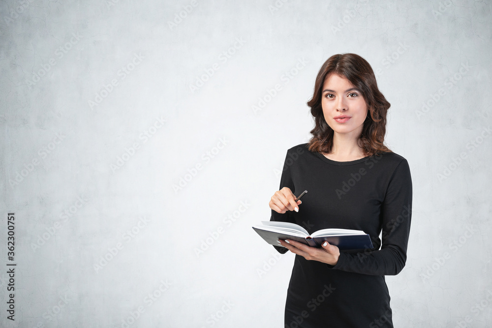 Businesswoman in dress taking notes, mock up Businesswoman in dress taking notes, mock up