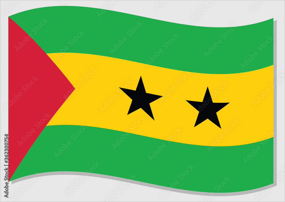 Waving flag of Sao Tome and Principe vector graphic. Waving Sao Tomean flag illustration. Sao Tome and Principe country flag wavin in the wind is a symbol of freedom and independence. Waving flag of Sao Tome and Principe vector graphic. Waving Sao Tomean flag illustration. Sao Tome and Principe country flag wavin in the wind is a symbol of freedom and independence.