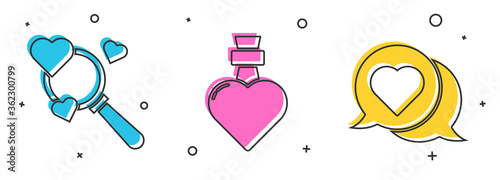 Set Search heart and love, Bottle with love potion and Heart in speech bubble icon. Vector
