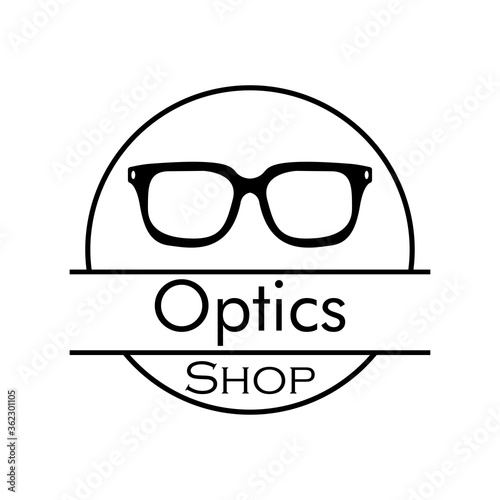 Concepto tienda de lentes. Logotipo lineal con texto Optics Shop en c  rculo con gafas de sol en color negro