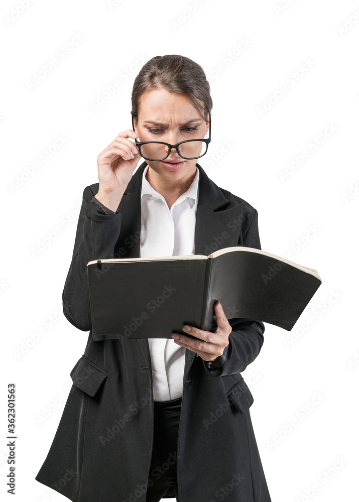 Concerned businesswoman reading document, isolated
