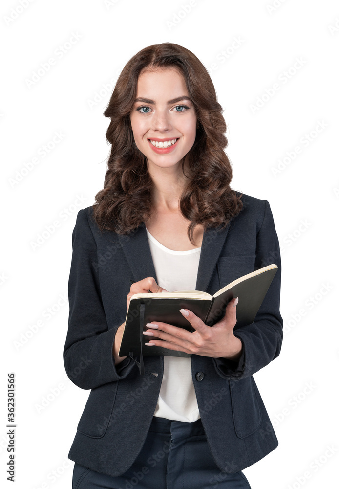 Smiling businesswoman with notebook, isolated Smiling businesswoman with notebook, isolated