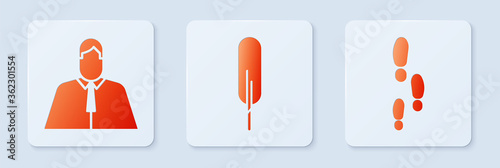 Set Feather pen, Lawyer, attorney, jurist and Footsteps. White square button. Vector