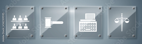 Set Scales of justice, Retro typewriter, Judge gavel and Jurors. Square glass panels. Vector