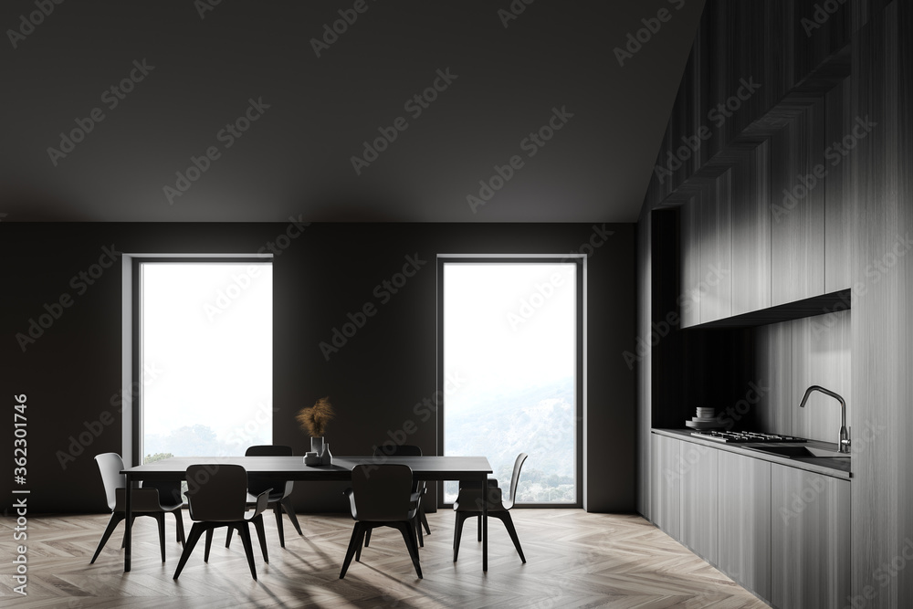 Fototapeta premium Grey and wood attic kitchen with table, side view
