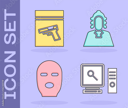 Set Search on computer screen, Evidence bag and pistol or gun, Thief mask and Judge icon. Vector