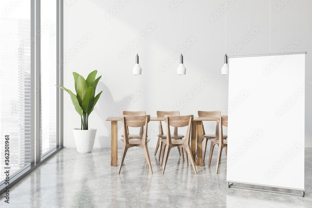 Panoramic white office cafe interior with poster Panoramic white office cafe interior with poster