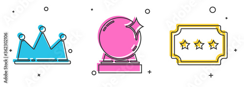Set Crown, Magic ball and Ticket icon. Vector