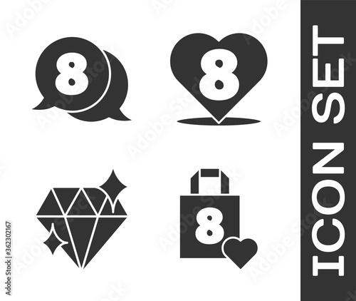 Set Shopping bag with heart, 8 March in speech bubble, Diamond and Heart with 8 March icon. Vector