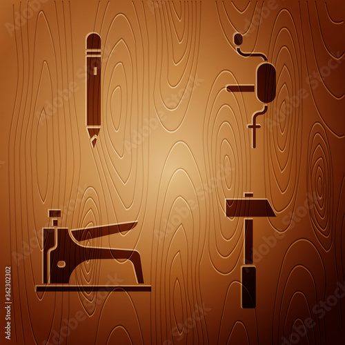 Set Hammer, Pencil with eraser, Construction stapler and Hand drill on wooden background. Vector