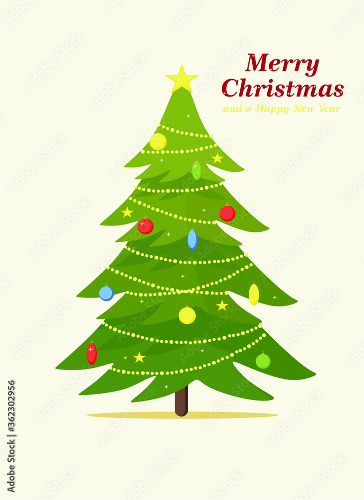 Decorated Christmas tree with gift star, lights, decoration of balls and lamps. Merry christmas and happy new year. Vector illustration Decorated Christmas tree with gift star, lights, decoration of balls and lamps. Merry christmas and happy new year. Vector illustration