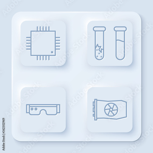 Set line Processor with microcircuits CPU, Test tube and flask, Smart glasses and Video graphic card. White square button. Vector