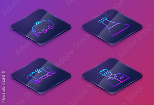 Set Isometric line Oil industrial factory building, Oil railway cistern, Oil petrol test tube and Oilman. Blue square button. Vector