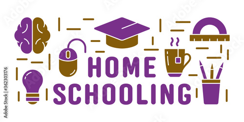 Home schooling text. Color horizontal poster. Graduation cap, brain, cup, light bulb, pc mouse. Self-study online education concept. Silhouette template rectangular banner. Flat outline vector icons