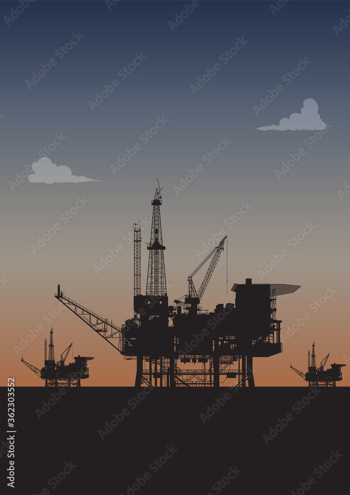 Oil Platform Silhouette, Evening Sky Background 