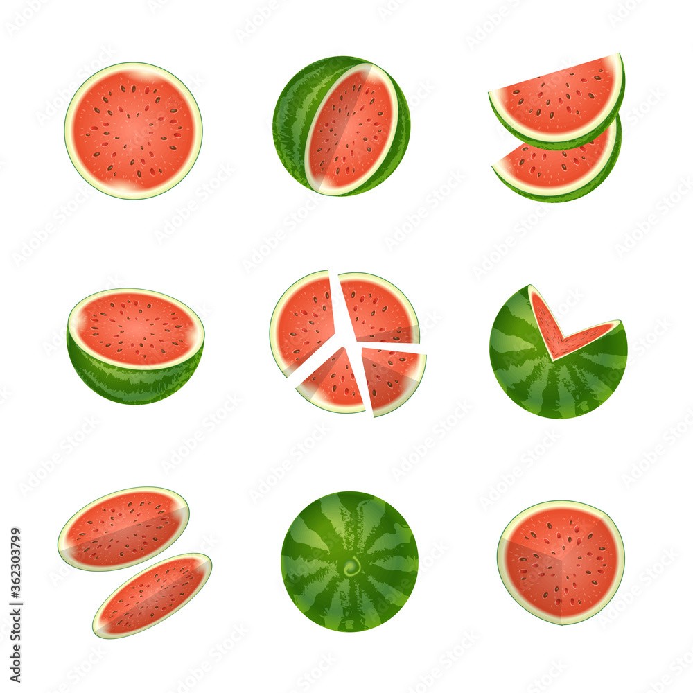 Vector set. Fresh and juicy whole watermelons and slices. Top view.